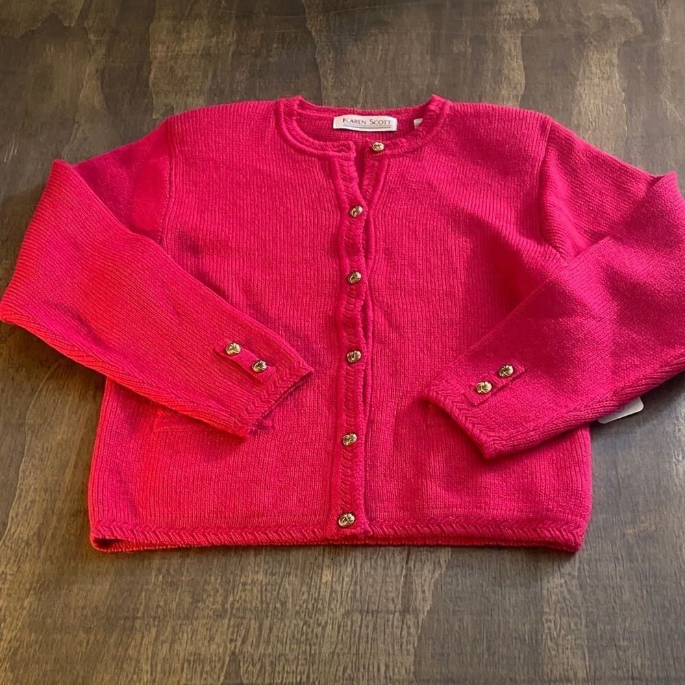 Karen Scott Bright Pink Knit Cardigan with Gold Buttons - Picture 2 of 4